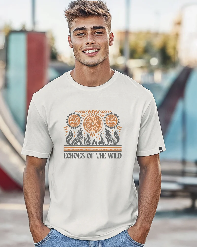 بيواكوف Men's Grey Wild Echoes Graphic Printed T-shirt